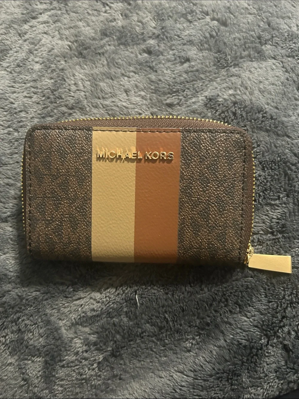 Michael Kors Brown Card Case with Cream and Tan Stripes